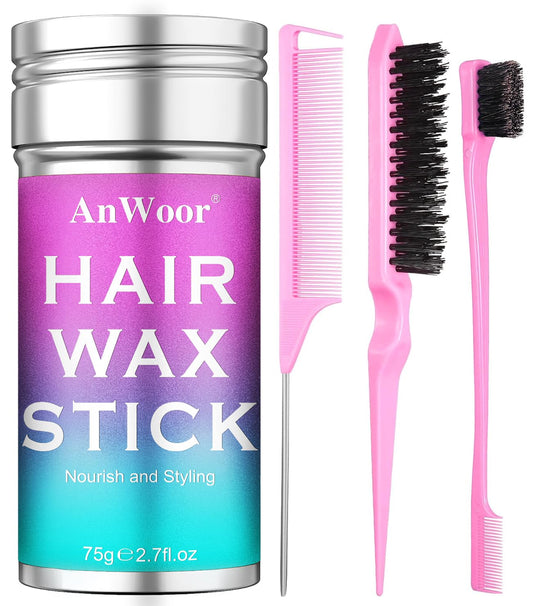 Hair Wax Stick, Slick Back Hair Brush 4Pcs - Hair Bun Accessories Styling Stuff - Taming Flyaways & Smoothing Ponytail for Women, Kids & Teen Girls