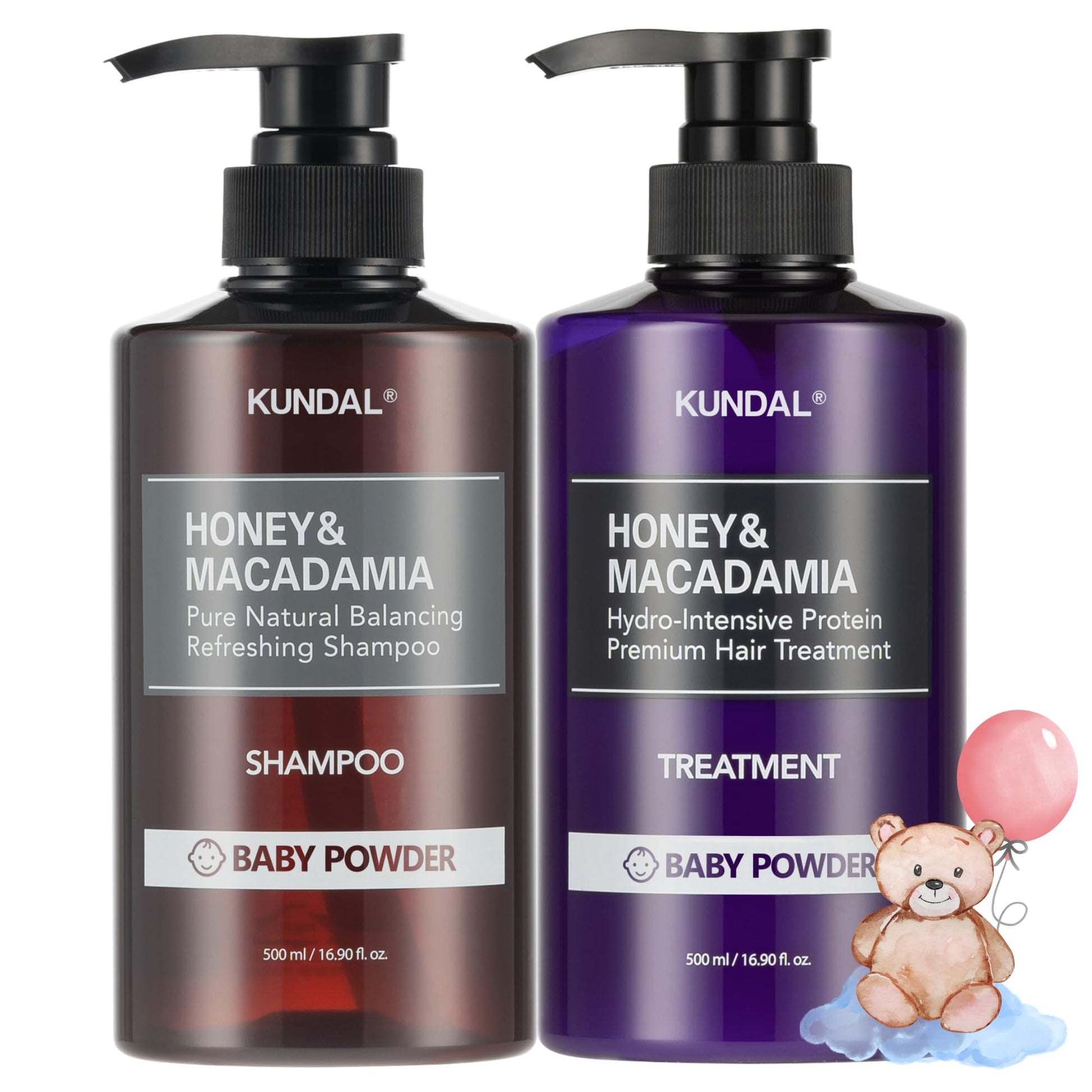 KUNDAL Natural Shampoo and Conditioner Set [Baby Powder] - Korean Hair Care, Long Lasting Fragrance, Moisturize, Nourish, Frizz Control, Argan & Macadamia Oil, Sulfate-Free 16.9fl oz (Pack of 2)
