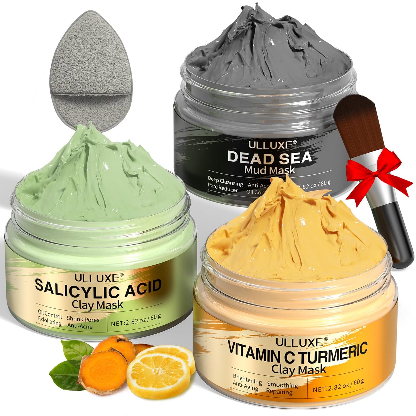 Facial Clay Mask Set - Vitamin C Face Mask with Turmeric, Dead Sea Mud & Salicylic Acid Mask for Pores Cleansing, Blackheads, Dark Spots, Brightening, Face Masks Skincare Gift for Women, 2.82 oz each