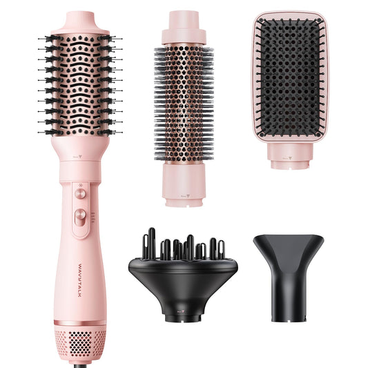 Blow Dryer Brush Set, Wavytalk Air Sculpt 5-in-1 Hot Air Brush Set, Multi Hair Styler for Salon Blowouts, Smooth Curls, Volumizing and Straightening, Sleek and Less Frizz, Pink