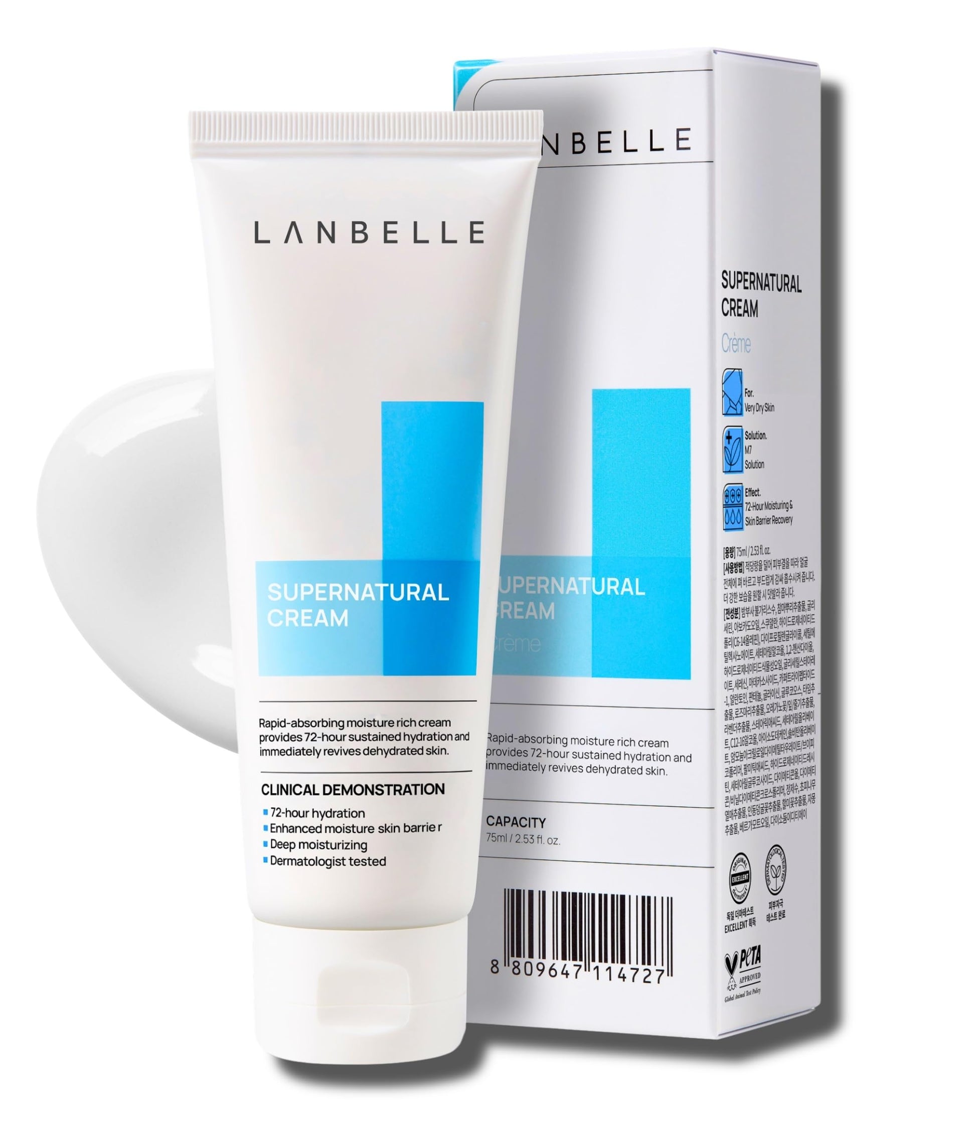 Lanbelle Supernatural Hydrating Facial Cream 2.53 Oz VEGAN 72-hour Super Long Face Moisturizer 14% Phyto-Mucin Skin-barrier Daily Face Lotion Sensitive Dry Skin Non-Comedogenic No-Scent No Chemicals