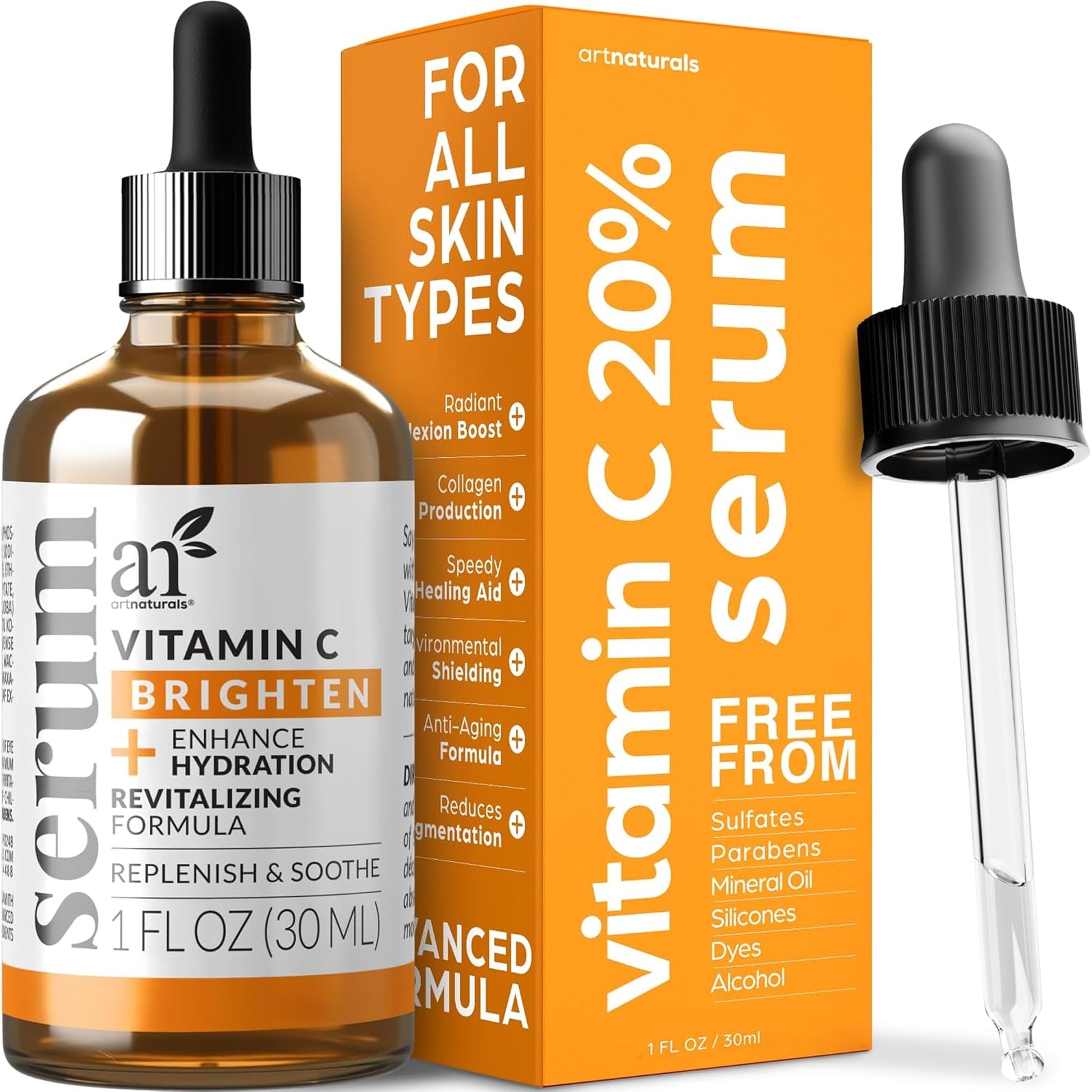 ARTNATURALS Anti-Aging Vitamin C Serum - (1 Fl Oz / 30ml) - with Hyaluronic Acid and Vit E - Wrinkle Repairs Dark Circles, Fades Age Spots and Sun Damage - Enhanced 20% Vitamin C