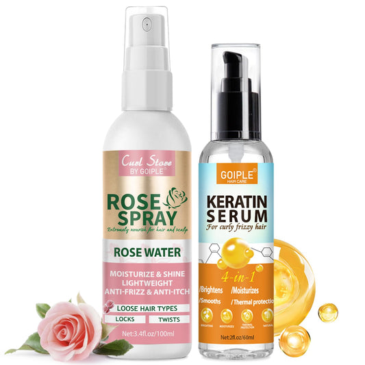 Keratin Protein Hair Serum Anti Frizz Control Repair - Rose Water Spray for Moisturizing, Smooth Products for Curly Hair - Curl Defining Brush for Shaping (3PCS)