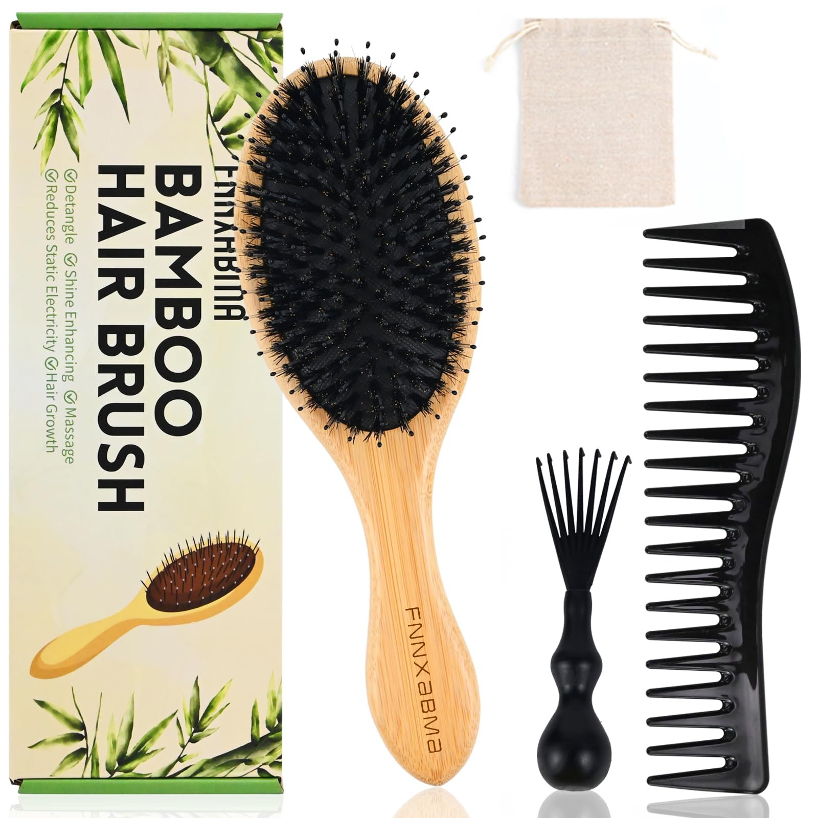 Hair Brush,Boar Bristle Hair Brushes and Styling Comb Set for Women Men Kids, Best Natural bamboo Paddle Hairbrush for Wet or Dry Hair Detangling Smoothing Massaging.Enhance Shine & Health Natural