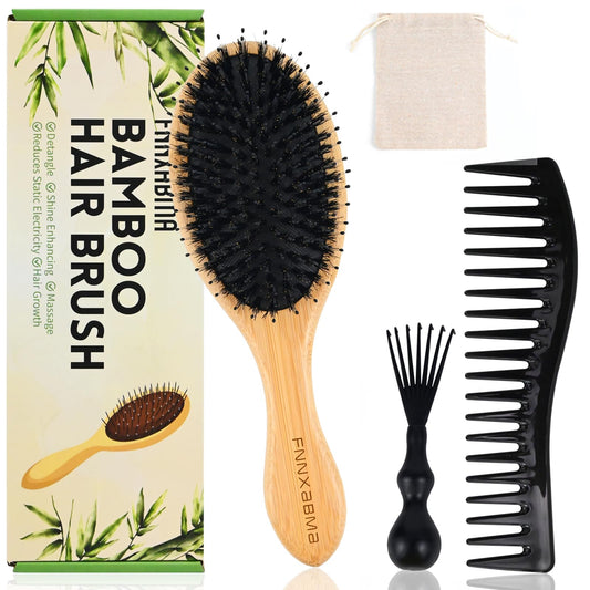 Hair Brush,Boar Bristle Hair Brushes and Styling Comb Set for Women Men Kids, Best Natural bamboo Paddle Hairbrush for Wet or Dry Hair Detangling Smoothing Massaging.Enhance Shine & Health Natural
