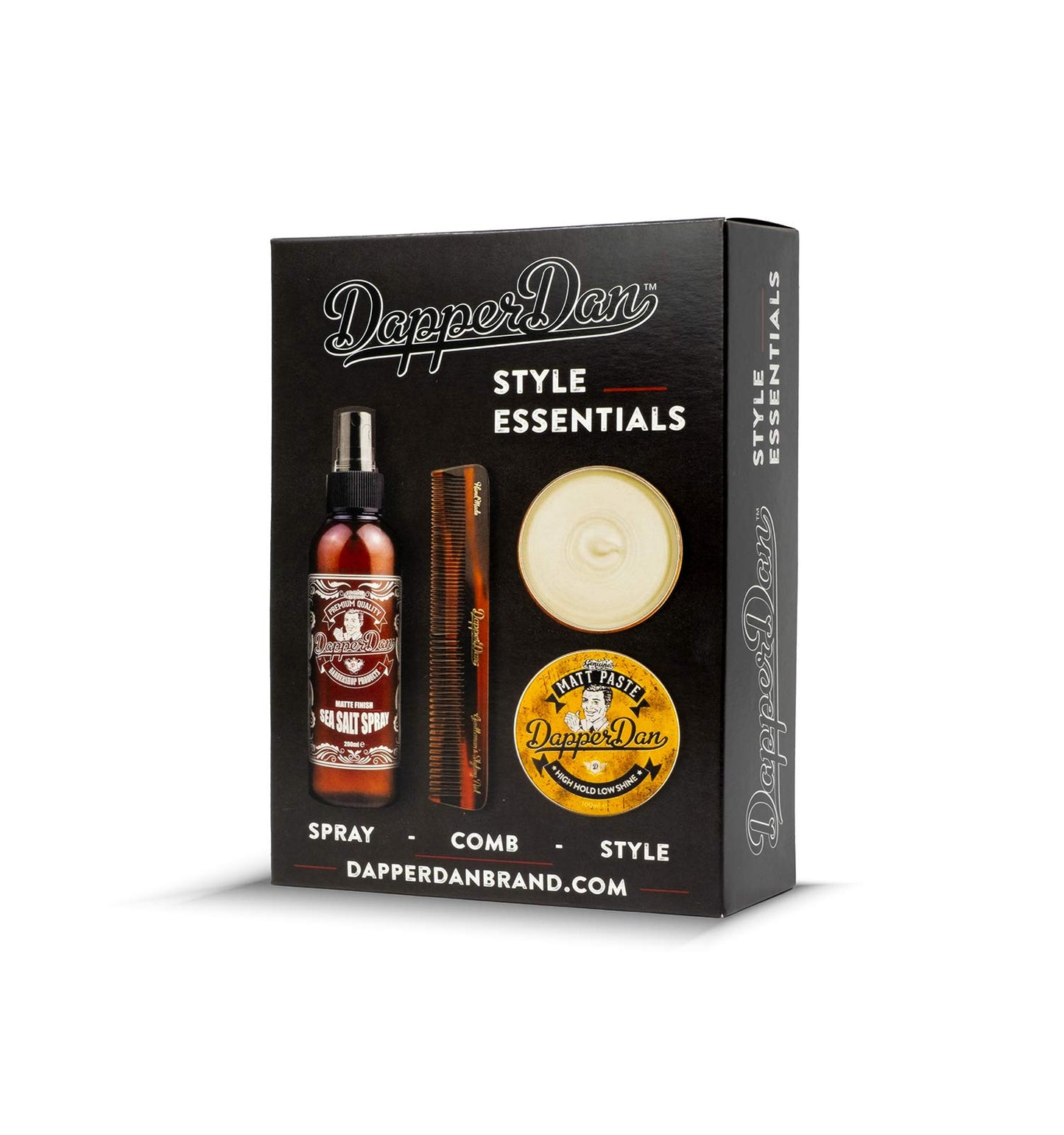 Dapper Dan Style Essentials Gift Pack, with High Hold Low Shine Matt Paste 3.38 fl oz, Texturising Sea Salt Spray 6.76 fl oz & Hand Made Styling Comb