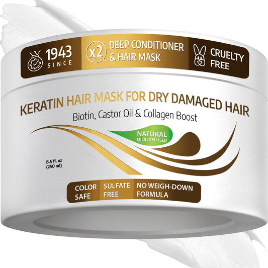 VITAMINS hair cosmetics Keratin Hair Mask - Deep Repair Conditioner with Biotin & Castor Oil - For Damaged, Dry, Curly, Straight, Thin & Fine Hair - Intense Collagen Protein Treatment