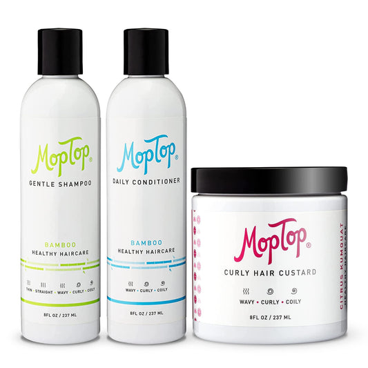 MopTop Curly Hair Routine, Gentle Shampoo + Daily Conditioner + Styling Gel for Wavy and Coily Tresses, Color Safe, Moisturizing Women's Hair Care