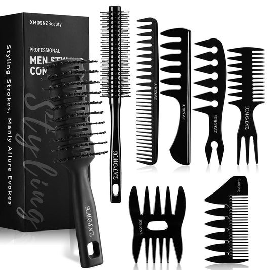 8pcs Hair Comb for Men Curly Hair Brush, Quiff Roller Brush for Adding Volume, Vent Brush Texture Comb Men Styling Comb Wide Tooth Design for Unique Styles at Salon or Home
