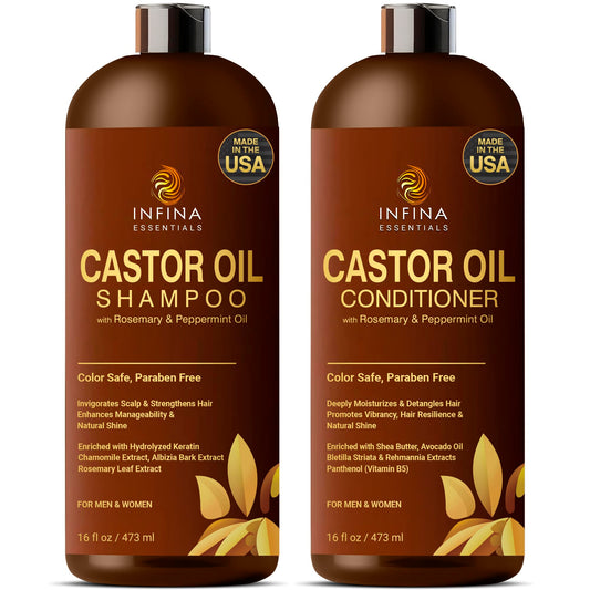 Castor Oil Shampoo and Conditioner Set for Hair Growth with Rosemary & Peppermint Oil - Cleanse Hair, Strengthen & Shine with Castor Shampoo and Conditioner - Anti-Hair Loss for Men & Women - 16 fl oz