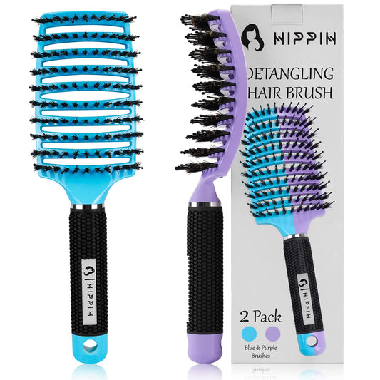 HIPPIH 2 Pack Boar Bristle Hair Brush, Wet & Dry No Pull Curved Vented Hair Brush, Styling Magical Brush Detangler for Kids & Men, Hairbrush for Women Can Adds Shine & Smooth Curly Thick Hair