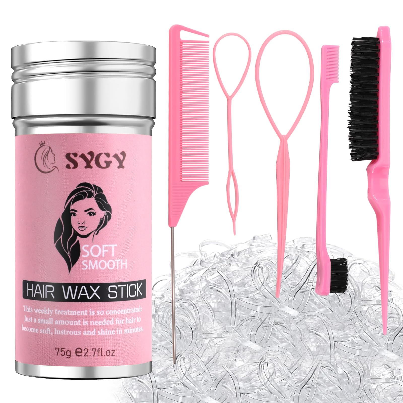 Hair Wax Stick Accessories, 500Pcs Clear Elastic Ties for Kids Girls, 3Pcs Hair Combs for Women, 2Pcs Hair Loop Styling Tools