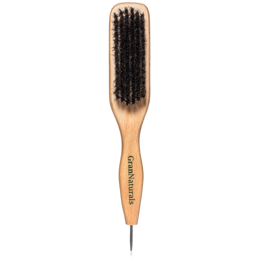 GranNaturals Smoothing & Styling Middle Part Boar Bristle Slick Back Hair Brush w/Narrow Metal Rat Tail End for Sectioning and Parting Sleek Ponytail Bun - Teasing, Backcombing, Edge Control