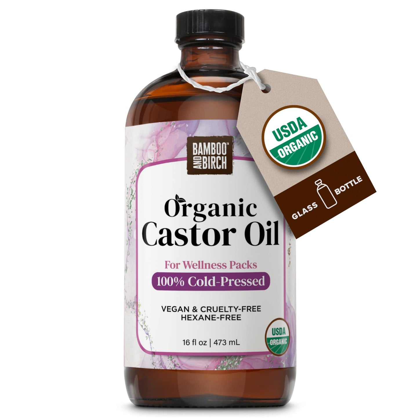 Castor Oil Organic Cold Pressed Unrefined Glass Bottle, 16 Fl Oz, USDA Certified, Natural Hair Growth, Carrier Oil for Thicker and Fuller Eyelashes, Eyebrows