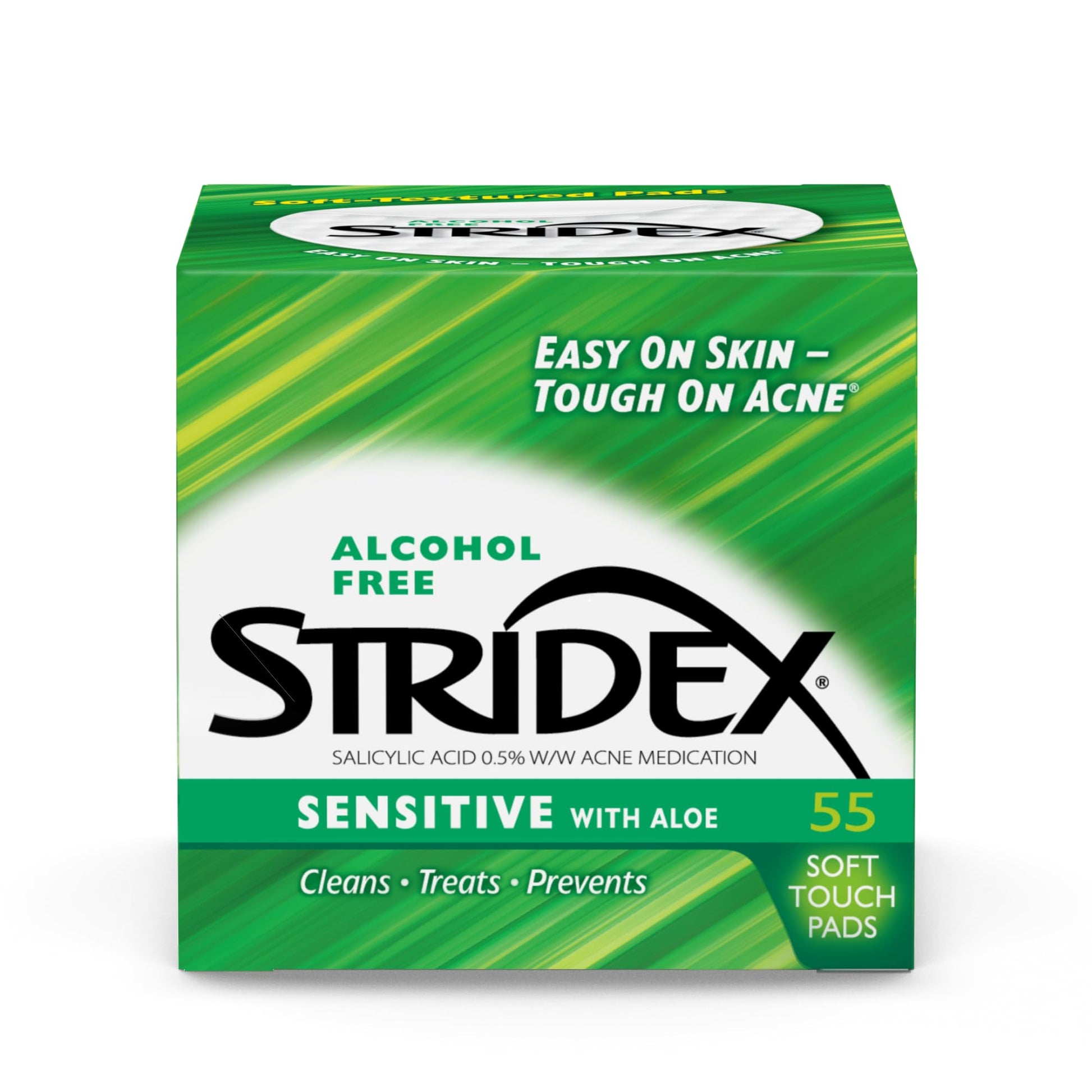 Stridex Medicated Acne Pads, Sensitive, 55 Count Facial Cleansing Wipes, Alcohol Free Face Treatment, For Mild to Moderate, Smooth Application