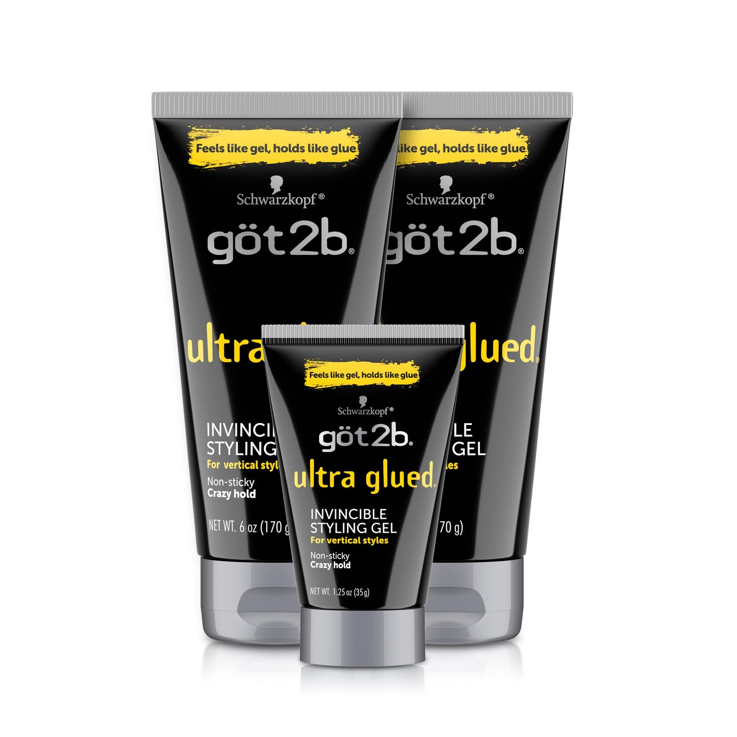 GOT2B Glued Styling Spiking Hair Gel 2 - 6 oz tubes + 1 Travel 1.25 oz tube