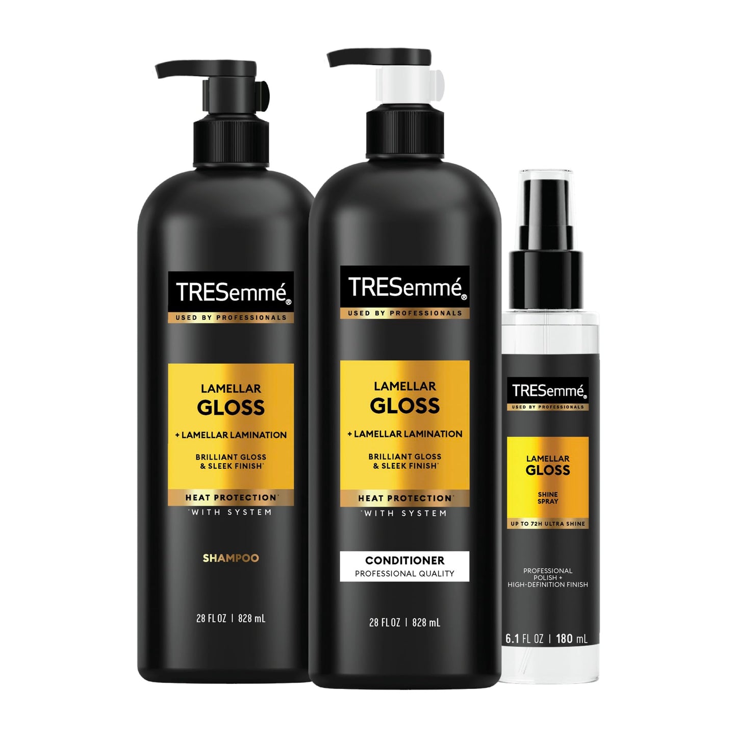 TRESEMME Lamellar Gloss Shampoo, Conditioner and Shine Spray for Brilliant Gloss & Sleek Finish Ultimate Shine with Heat Protection, 3 pack