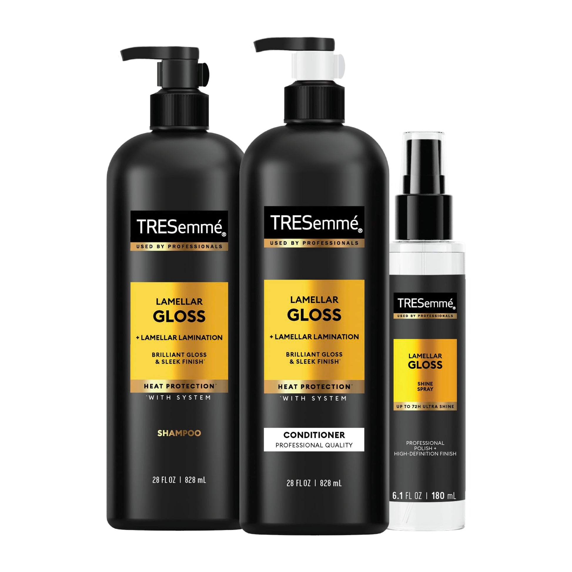 TRESEMME Lamellar Gloss Shampoo, Conditioner and Shine Spray for Brilliant Gloss & Sleek Finish Ultimate Shine with Heat Protection, 3 pack