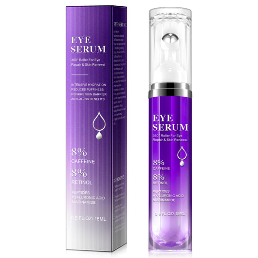 8% Caffeine Eye Cream & Under Eye Serum for Dark Circles and Puffiness Eye Care Eye Roller Serum with 360¡ Massage Ball Eye Treatment Serum Under Eye Roller Cream for Women Reduce Wrinkles Fine Lines