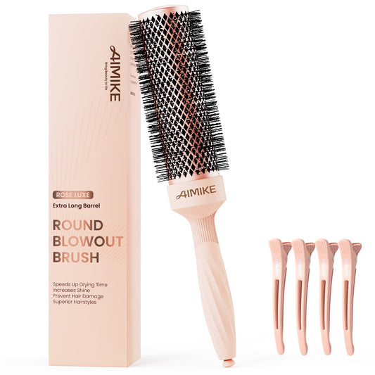AIMIKE Round Brush for Blow out, Rose Luxe Extra-Long Round Hair Brush Ionic & Nano Thermal Ceramic Tech, for Blow Drying & Styling Volumizing Thick Long Hair, with 4 Clips (Barrel 1.7", Bristle 2.5")