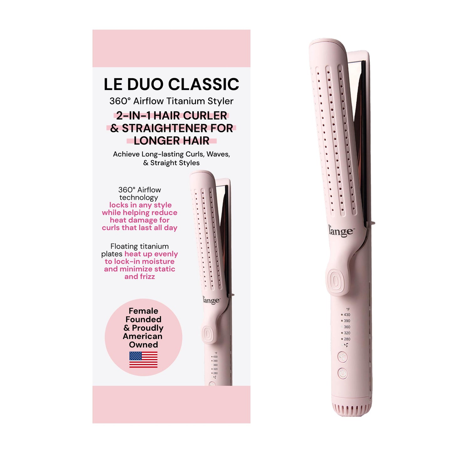 L'ANGE HAIR Le Duo Grande 360¡ Airflow Styler | 2-in-1 Curling Wand & Titanium Flat Iron Professional Hair Straightener and Curler with Cooling Air Vents to Lock in Style (Blush)