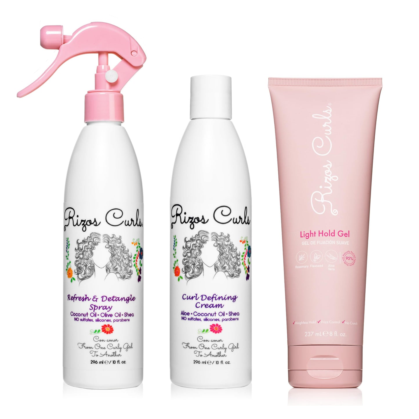 Rizos Curls Styling Starter Kit, Refresh and Detangle Spray & Curl Defining Cream & Light Hold Gel Bundle, Enhance & Define Curls, Add Volume & Hold, Frizz Control & Shine