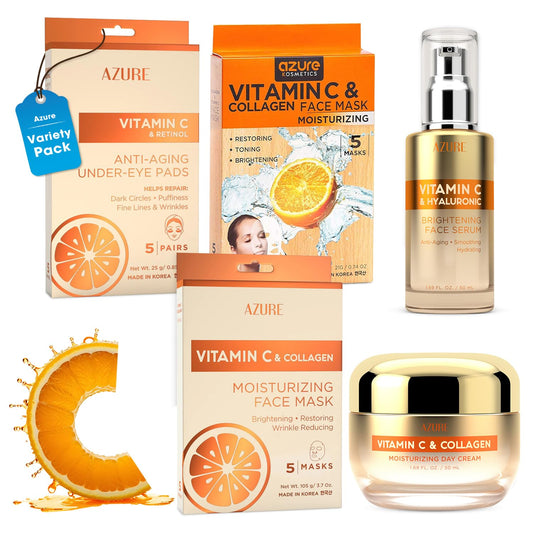 Azure Vitamin C Skincare Bundle: Dermatologist-tested Face Moisturizer, Under Eye Pads, Collagen Masks & Serum. Hydrates, firms, and reduces dark spots for glowing, youthful skin. Made in Korea