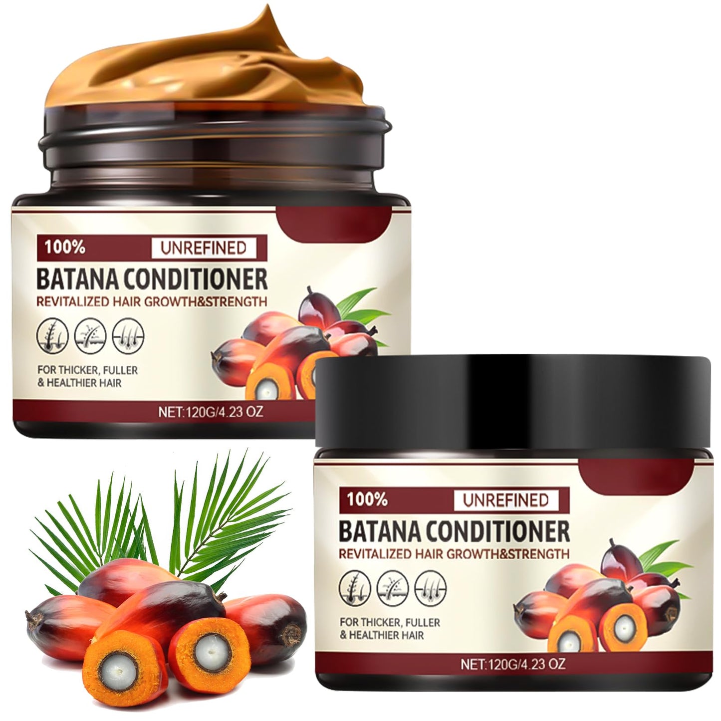 2Pcs Natural Batana Hair Oil - Hair Growth, Repair Cream & Mask with 100% Pure Batana Oil - Enhances Shine, Thickness, Eliminates Split Ends for Men & Women 120g