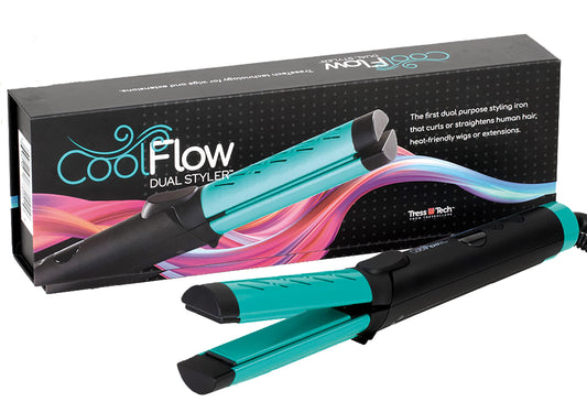 TressTech Cool Flow Dual Styler 2-in-1 Curling & Straightening Iron, Curls or Straightens Human Hair, Heat Friendly Wigs or Extensions, Patented Cooling Technology Adjustable Temp