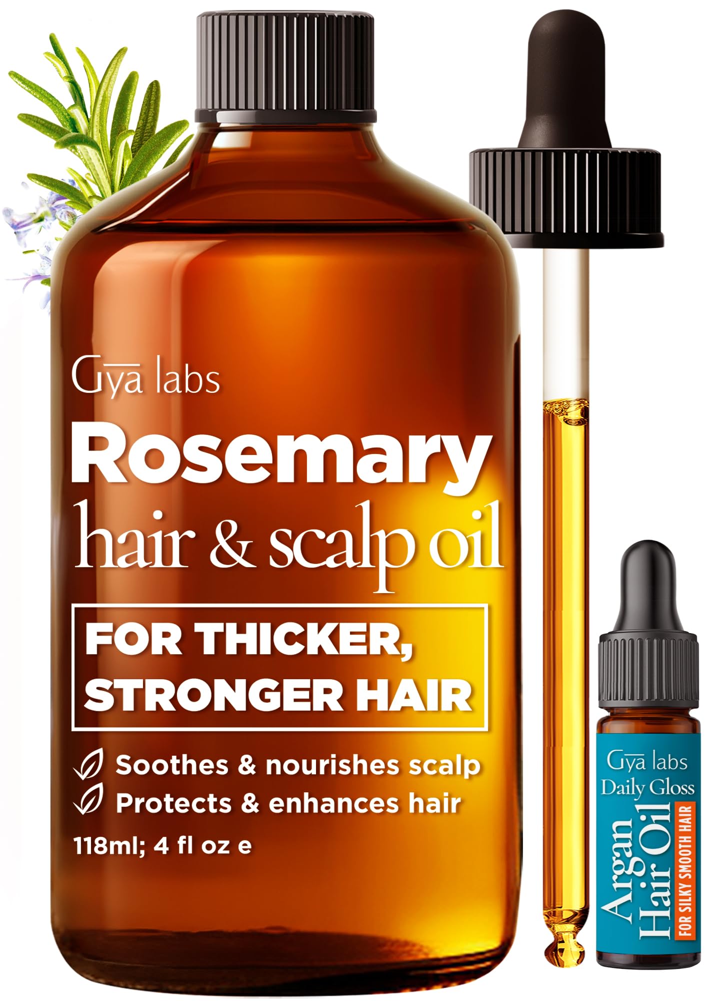 Gya Labs Rosemary & Castor Hair Growth & Styling Oil - 4 Fl Oz - Rosemary to Strengthen Hair - Protect & Tame Frizz, Dry Scalp - Hair & Scalp Hydration with 0.17 Fl Oz Deep Revival Argan Oil