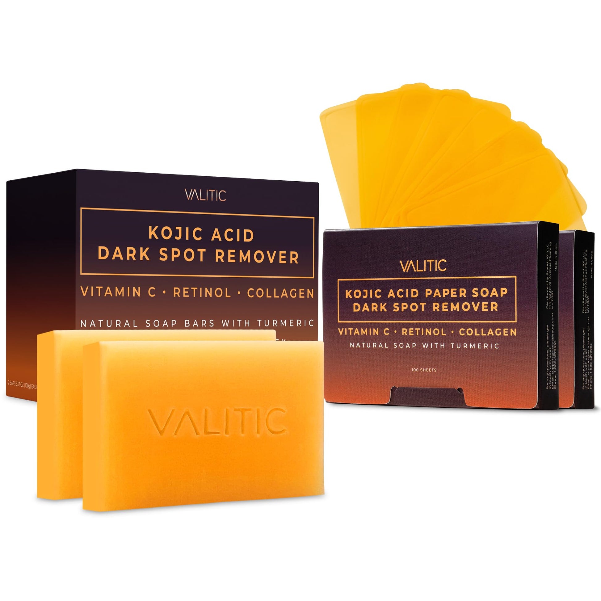 VALITIC Kojic Acid and Turmeric Dark Spot Corrector Soap Skin Care Cleansing Duo - 2 Soap Bars and 200 Melting Paper Sheets - Infused with Vitamin C, Retinol and Collagen