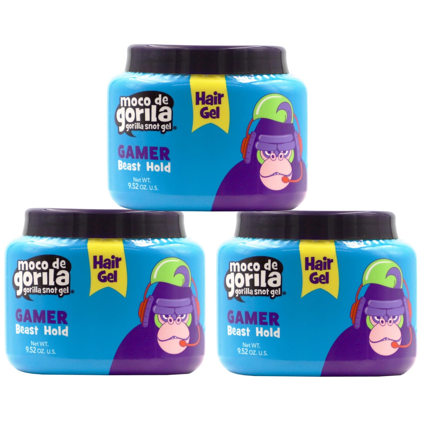 Moco de Gorila Gamer, Hair Styling Gel, Gives your Hairstyle a Long-Lasting Effect, Reactivate with Water, High Fixation, 3-Pack of 9.52 Oz Each, 3 Jars
