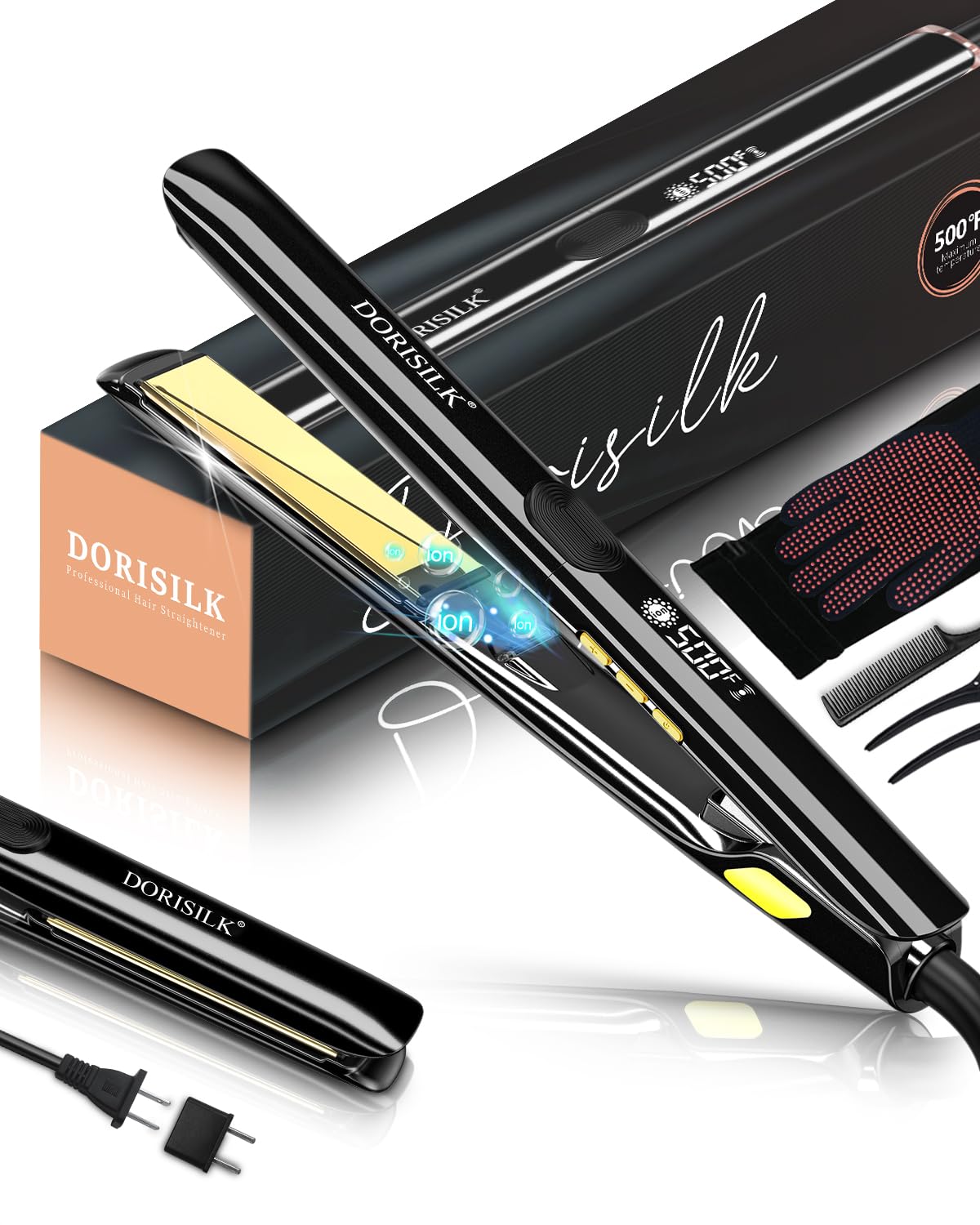 DORISILK 500 Degree Vibrating Professional Hair Styler: 30s Fast Heating Ceramic Flat Iron, 2-in-1 Straightener and Curler, Plasma Ionic for Frizz-Free Hairstyling (500FV)
