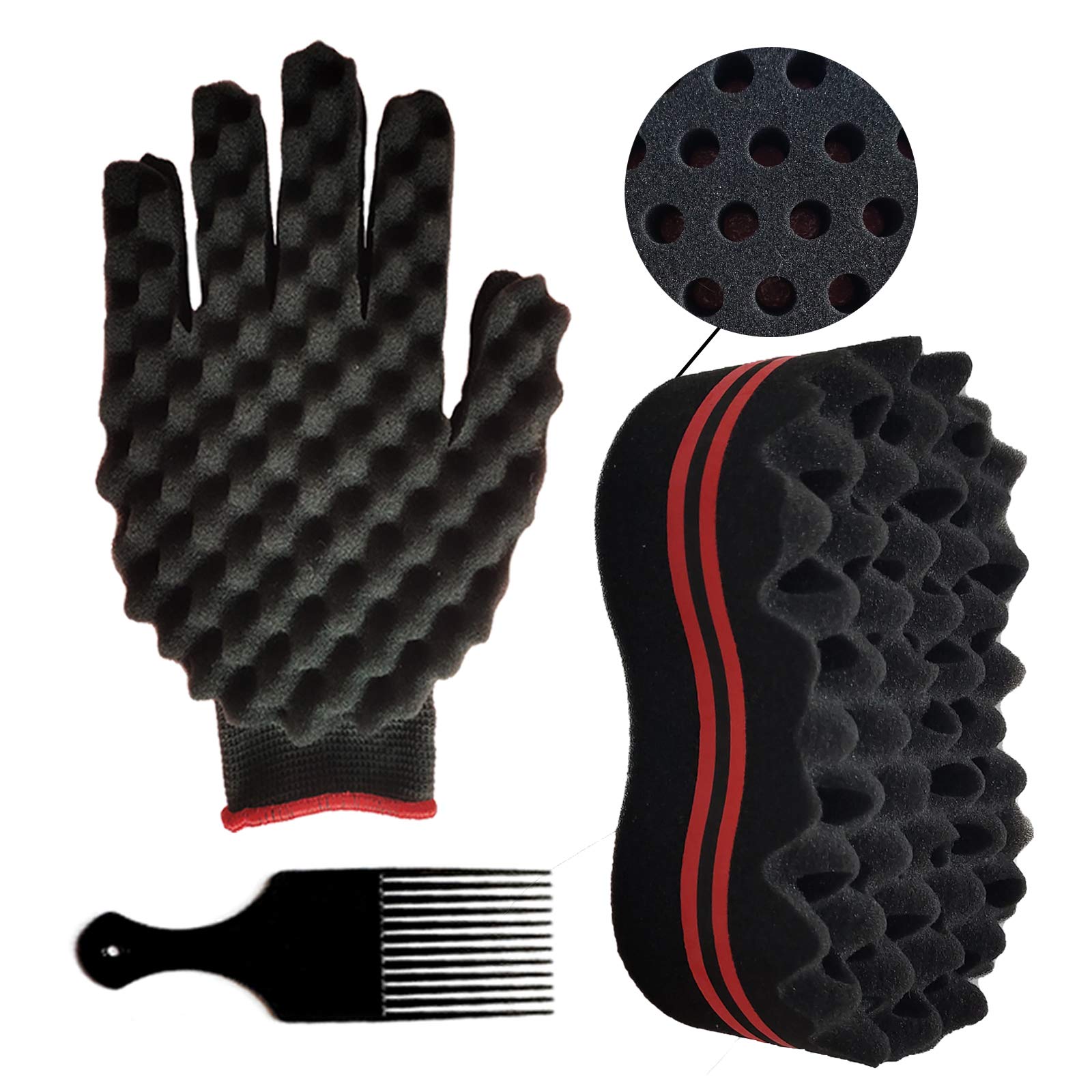2PCS Hair Curl Sponge Set with Twist Comb and Double-Sided Brush for Afro Coils, Dreadlocks, Curls, and Black Men's Hair (Right Glove Included)