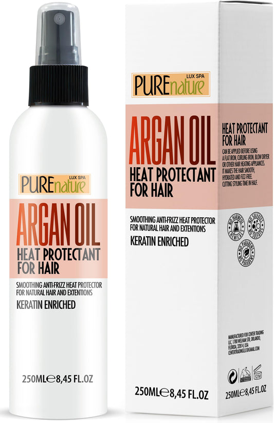 Moroccan Argan Oil Heat Protectant Spray for Hair - Leave In Thermal Guard against Flat Iron, Straightener and Blow Dry Damage - Hydrating Anti Frizz Control for Straight, Black and Curly Locks