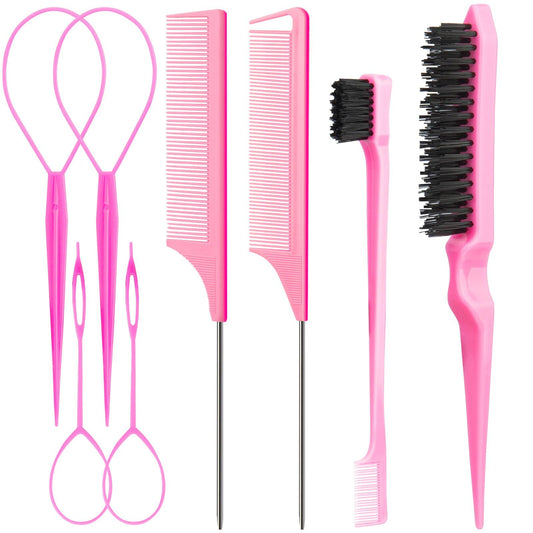 Aigee 8Pcs Hair Styling Combs Set Include 4Pcs Topsy Hair Tail Tools 2 Styles of Rat Tail Comb,1Pcs Bristle Teasing Slick Back hair Brush,1Pcs Edge Control Brush,Eyebrow Brush for Woman Girl Pink