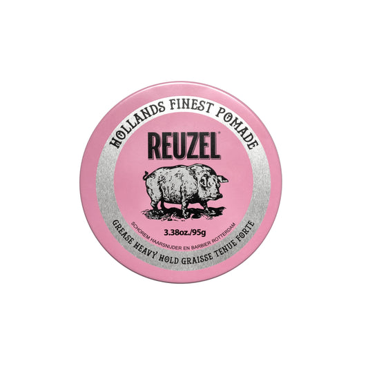 REUZEL Pink Grease Pomade, Strong All Day Hold, Oil-Based Styling Wax, Medium Shine and Flake Free, Easy To Wash Out, For All Hair Types, 1.3 oz
