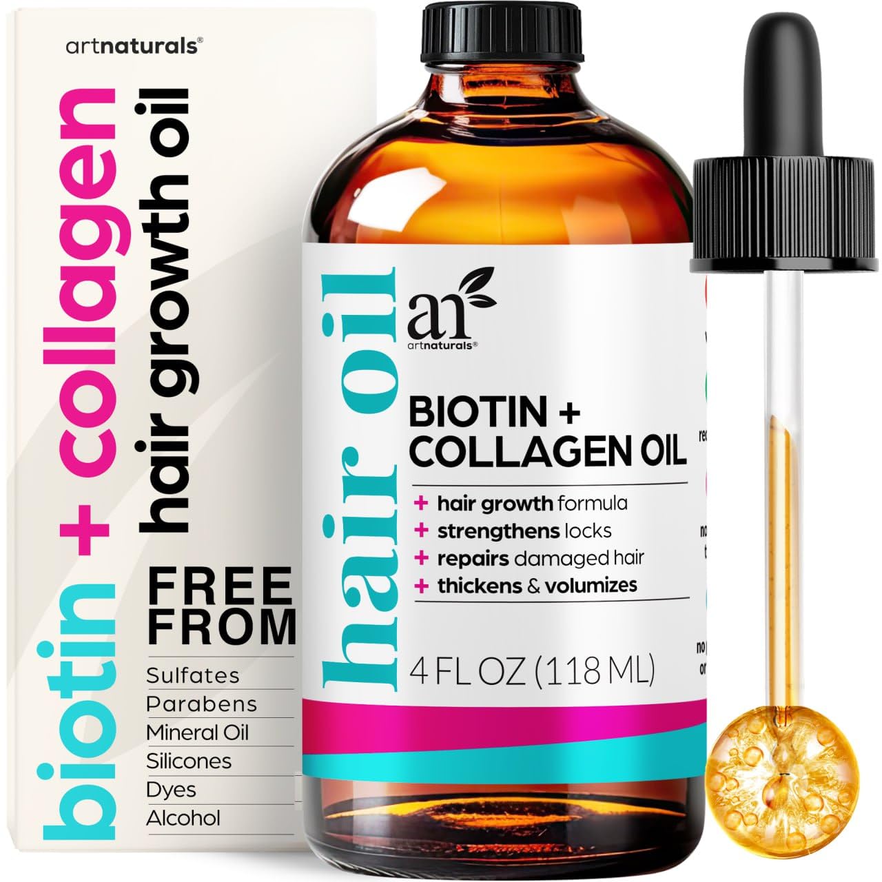 ARTNATURALS Biotin Collagen Hair Oil 4.0oz - Growth Promoting Volumizing Formula - Reduce Hair Loss, Strengthens and Nourishes Hair - Controls Frizz & Improves Manageability
