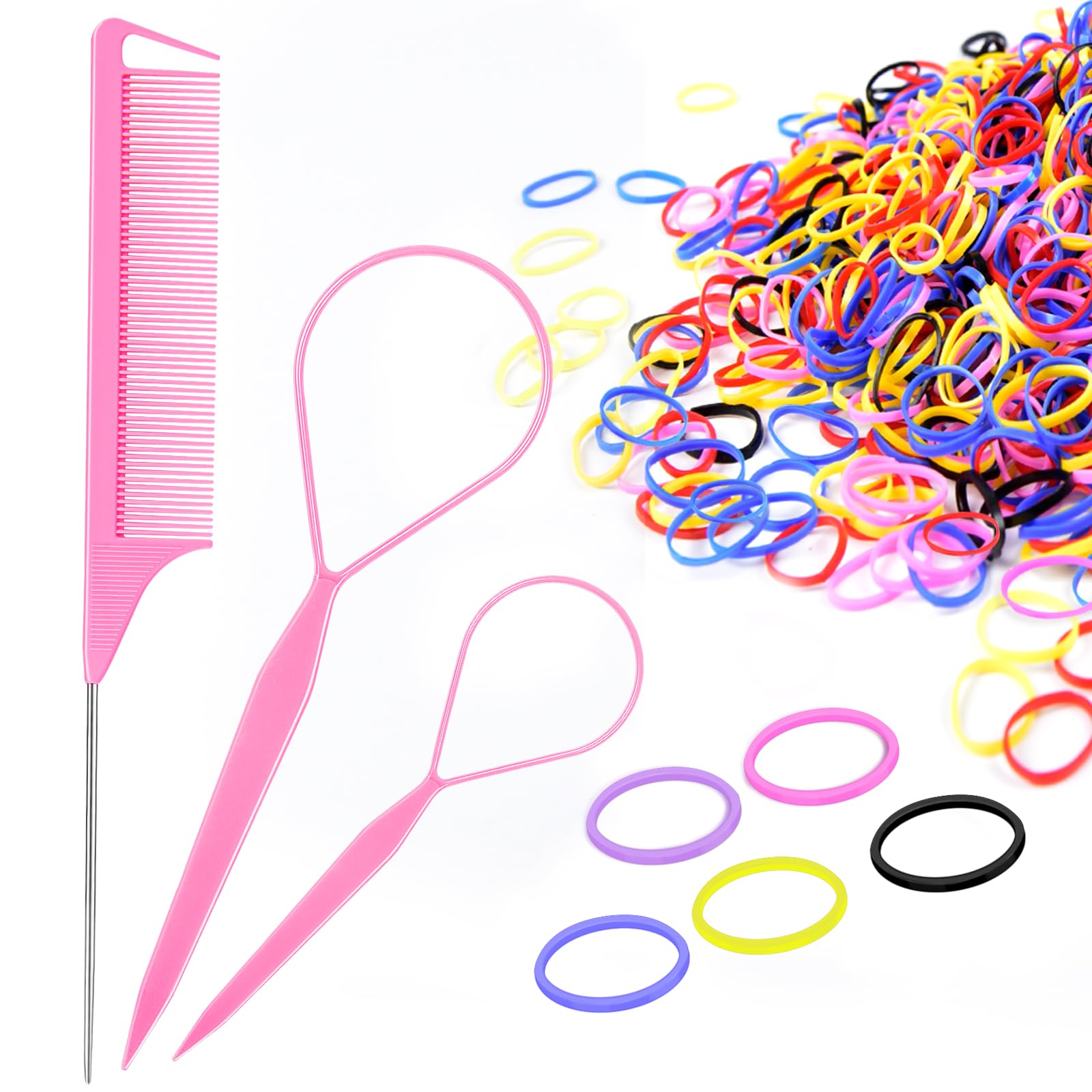 IKOCO Girls' Hair Styling Kit with 1000 Colorful Rubber Bands, 2 Topsy Tail Tools, Rat Tail Comb and Small Hair Bands