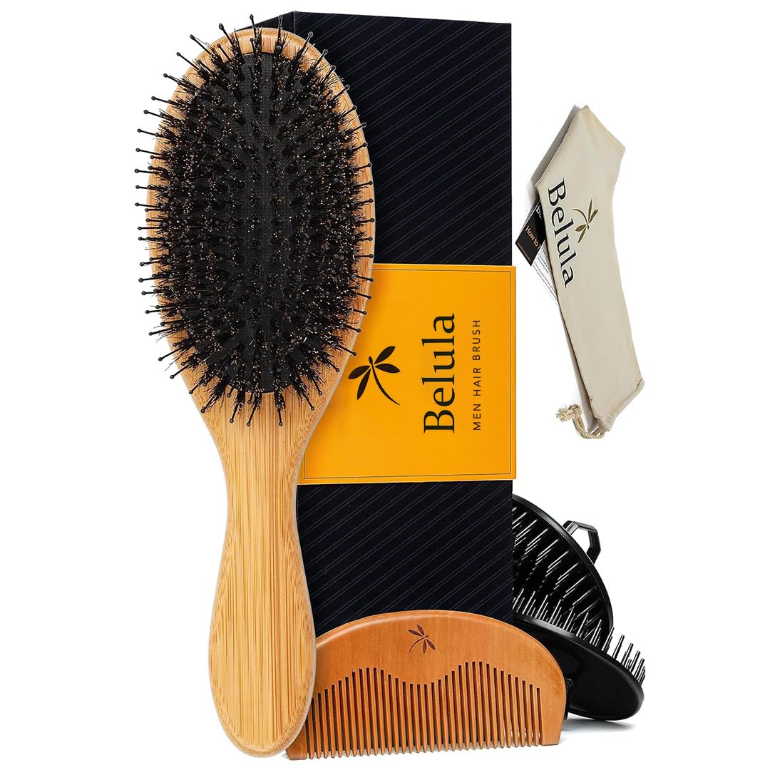 Belula Men's Hair Grooming Set: Boar Bristle Brush, Nylon Pin Brush, Wooden Comb, and Travel Bag for Styling