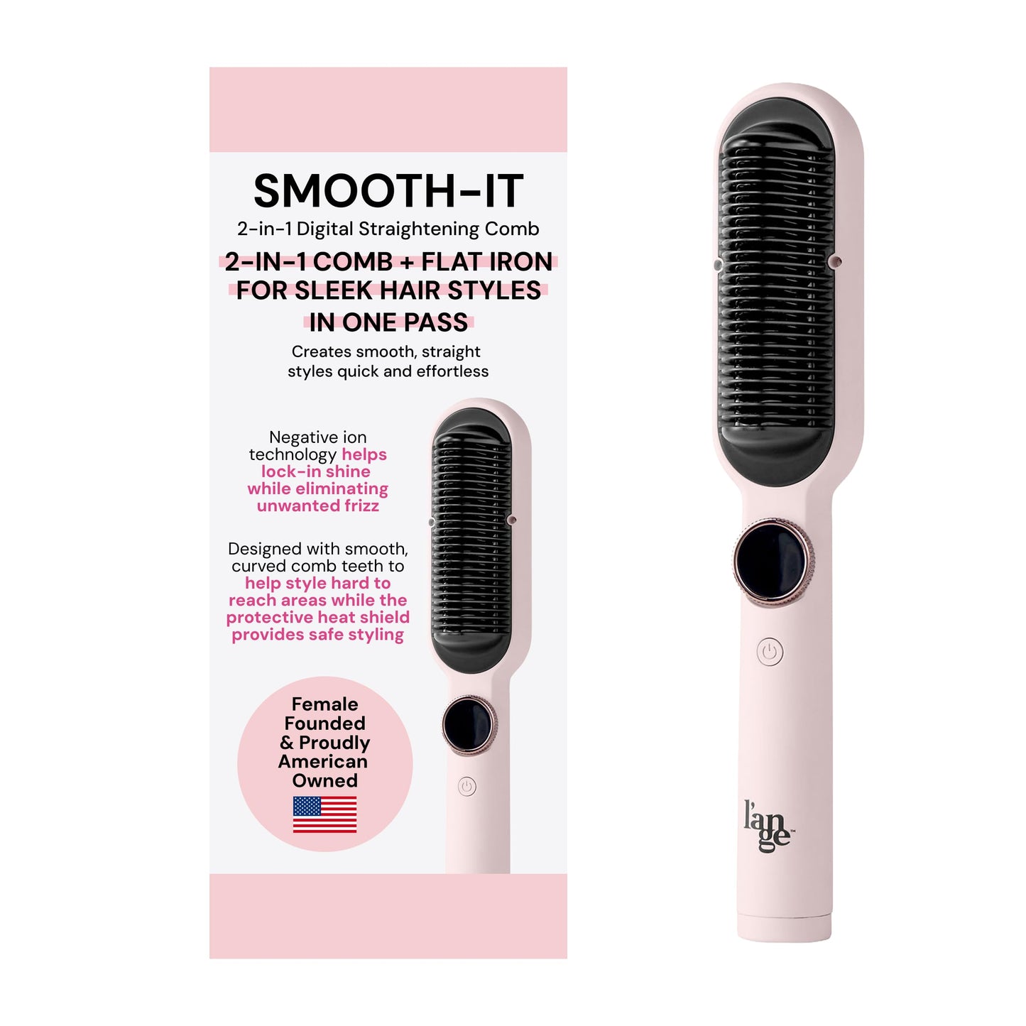 L'ANGE HAIR Smooth-It 2-in-1 Hot Comb Straightener | Digital Straightening Comb with Adjustable Heat Dial | Ionic Technology for Frizz-Free Styling | for All Hair Types (Blush)