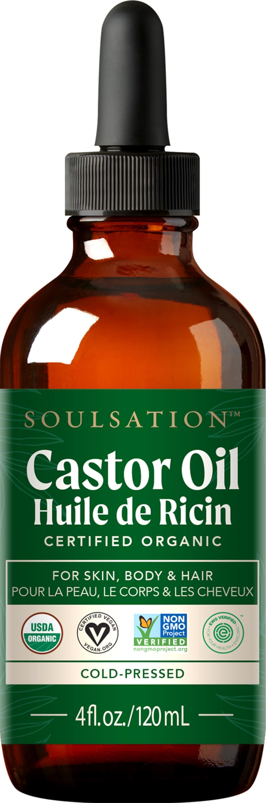 Organic Castor Oil 100% Pure (4oz) - For Eyelashes, Eyebrows, Face, Hair & Skin - Cold Pressed Unrefined Glass Bottle