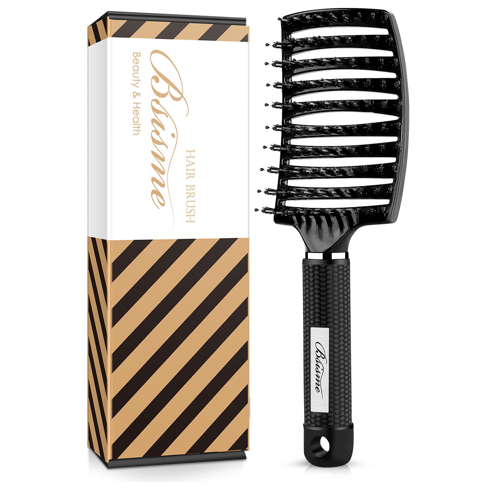 Hair Brush, Boar Bristle Hair Brush Faster Blow Drying, Professional Curved Vent Styling Hair Brushes for Women Men Kids, Paddle Detangler Brush for Wet Dry Curly Thick Thin Hair (Black)
