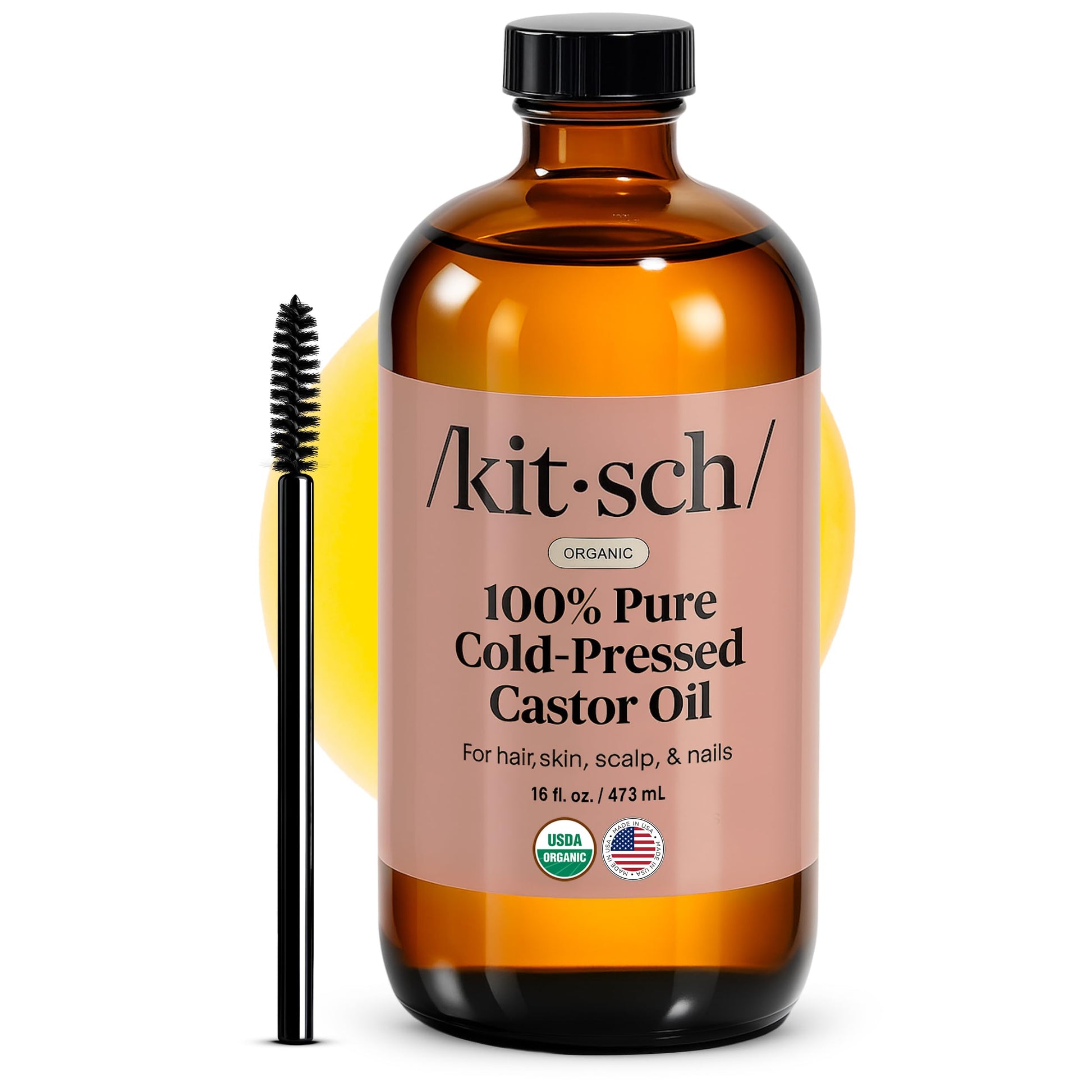 Kitsch Organic Castor Oil for Hair Growth - 100% Pure Castor Oil, Organic Cold Pressed Unrefined Glass Bottle for Face, Skin, Lashes, Brows, Scalp, Nails & Belly Button - Hexane Free, USDA - 16 oz