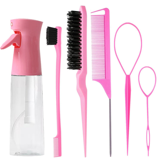 6pcs Hair Styling Comb Set with Continuous Spray Bottle 200ml, Hair Brush Rat Tail Comb Edge Control Hair Brush for Back Brushing, Combing, Braiding, Slicking Hair for Women(pink)
