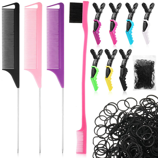 12 Piece Hair Styling Set for Women Girls, Including Rat Tail Combs, Alligator Hair Clips, Dual Edge Brush, Mini Rubber Bands and Braiding Comb, Delicate Color