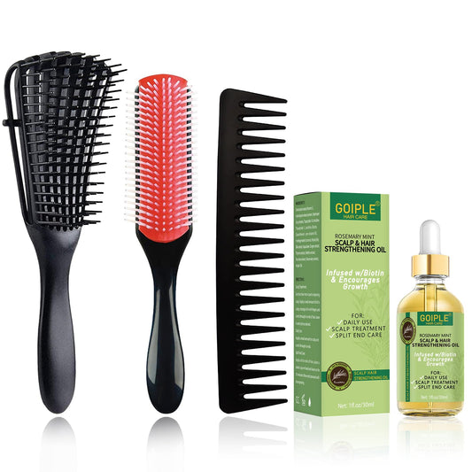 Curly Hair Brush Set for Women/Men/Kids, Detangler Brush, Wide Tooth Comb, 9 Row Nylon Bristle, Rosemary Hair Growth Oil - 4 Count (DB-black-4pcs)