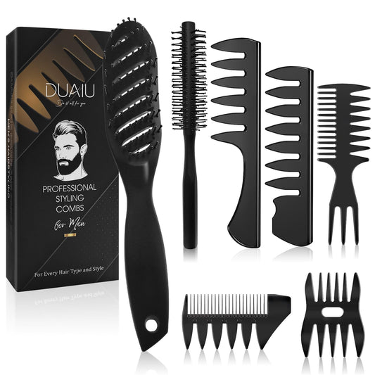 Hair Brush for Men, DUAIU 7Pcs Combs for Men, Hair Styling Comb Set with Vent Hair Brush, Quiff Round Hair Brush, Wide Tooth Comb, Texture Comb for Blow Drying, Detangling, Grooming, Hairdressing