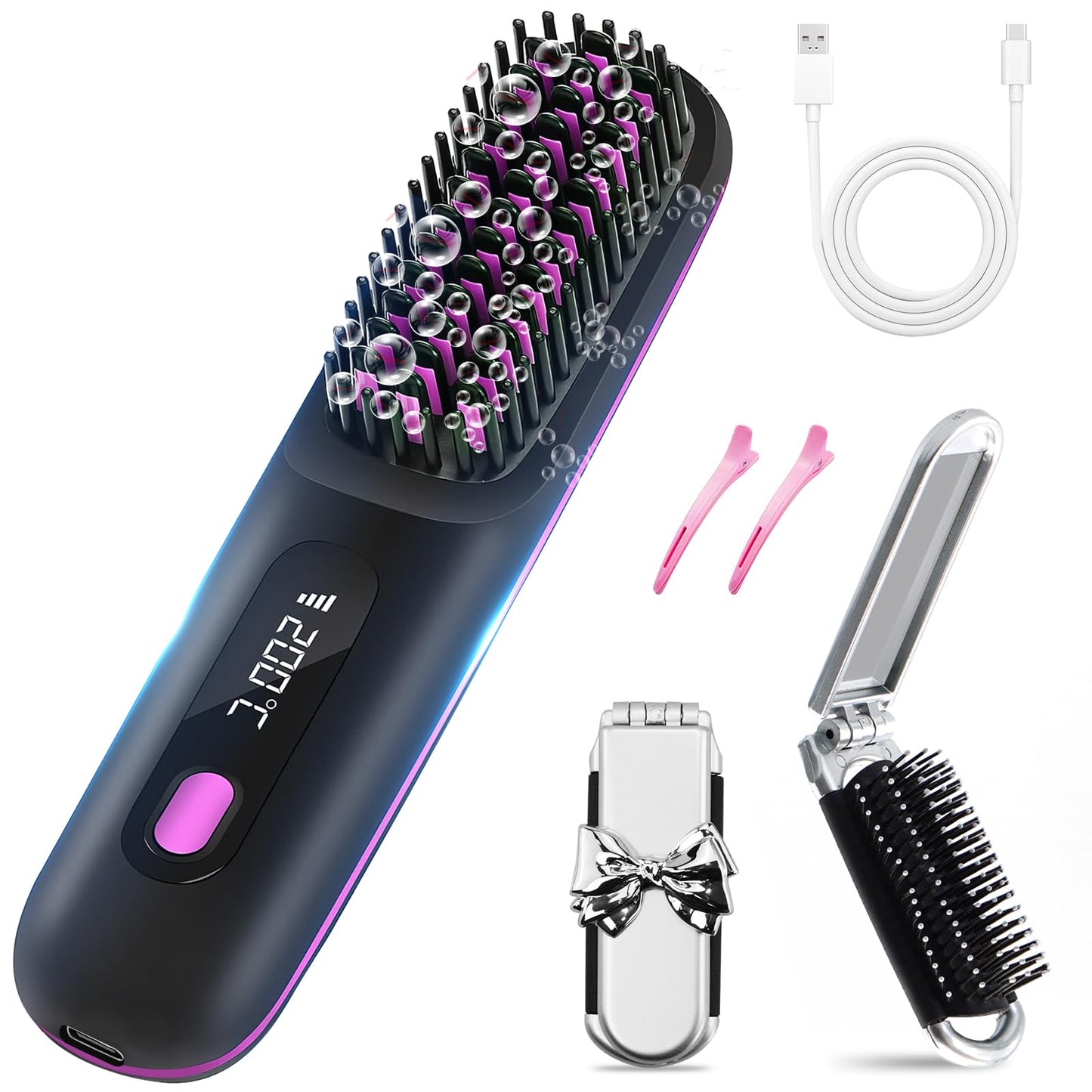 Mini Hair Straightener Brush, Rechargeable Hot Comb Hair Straightener with 3 Temp Settings, Anti-Scald Portable Brushes with Negative Ions for Women, Cordless Styling Tools for Home Travel
