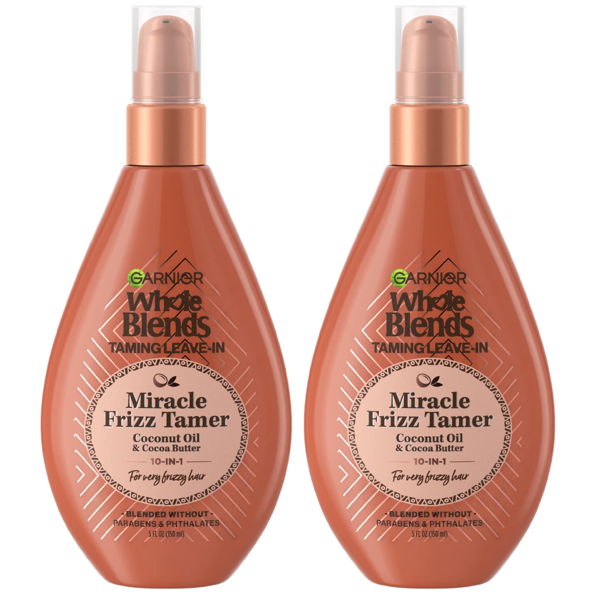 GARNIER Whole Blends Sulfate Free Remedy Miracle Frizz Tamer 10-in-1 Leave-In Conditoner for Very Frizzy Hair, Coconut Oil & Cocoa Butter, 5 Fl Oz, 2 Count (Packaging May Vary)